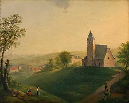 可以看到维也纳的老西弗林教堂`Die alte Sieveringer Kirche mit dem Blick auf Wien (ca. 1850)