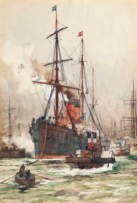 奥兰尼亚号在护送下离开利物浦港`The Aurania Under Escort As She Leaves The Harbour At Liverpool (1898) by Charles Edward Dixon