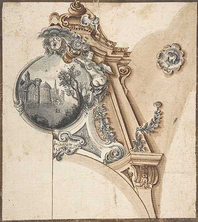 拱门上的装饰，圆形隔间内有景观`Decoration over an Arch with a Landscape Scene in a Round Compartment (1770) by Gaetano Galdi