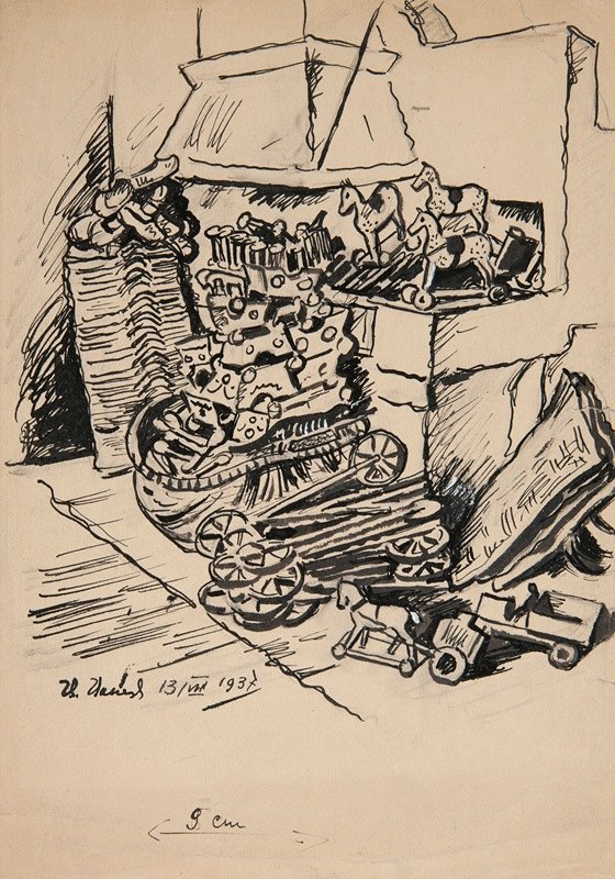厨房屋内的插图设计片段，带有成堆的木制玩具`Projekt ilustracji fragment wnętrza kuchni ze stertami drewnianych zabawek (1937) by Ivan Ivanec