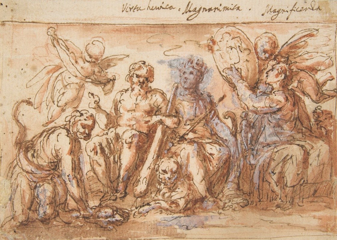 寓言人物原力、大力士扼杀九头蛇、富足和名望`Allegorical Figures; Force, Hercules Strangling the Hydra, Plenty, and Fame (1600–1650) by Bernardino Rodriguez