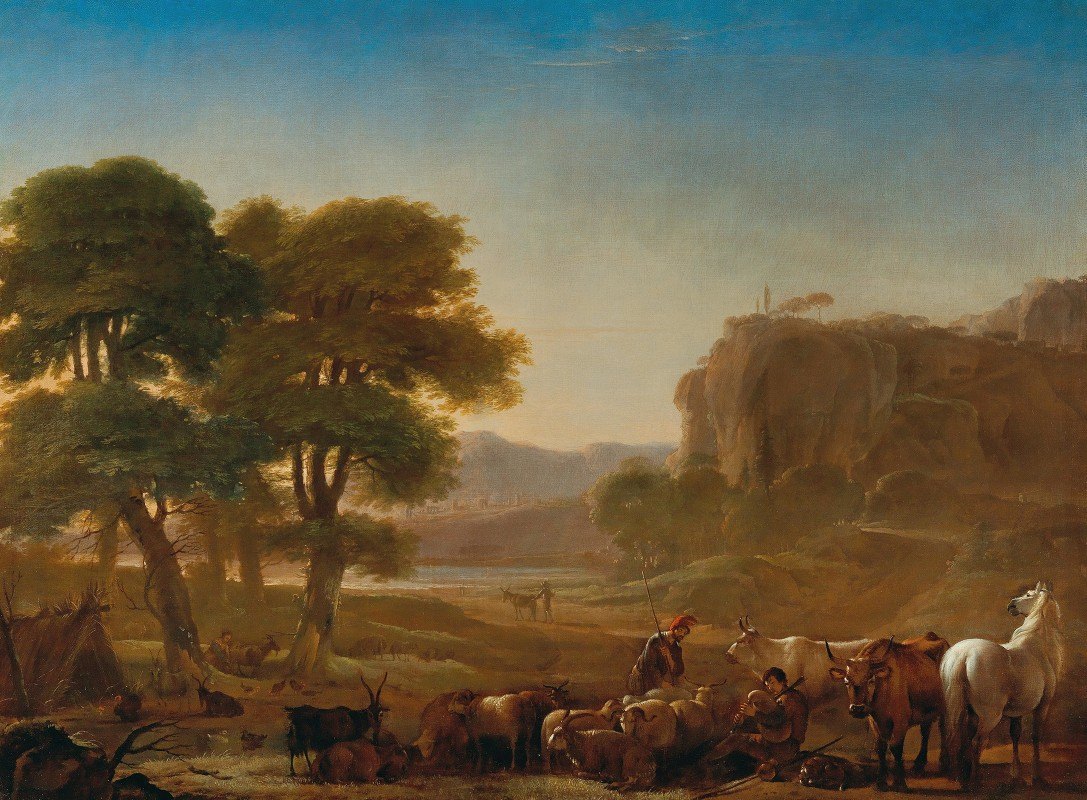 一幅罗马平原的风景，牧羊人和他们的牲畜一起休息`A view of the Roman Campagna with shepherds resting with their livestock by Pieter van Laer