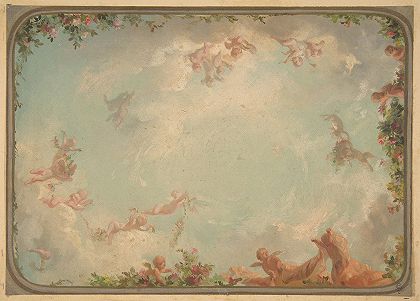 天花板上涂有云彩灰和玫瑰的设计`Design for a ceiling painted with putti in clouds with roses (19th Century) by Jules-Edmond-Charles Lachaise
