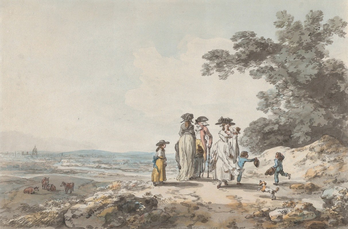 远处可以看到伦敦和圣保罗教堂一家人在路上停下来`View of London with St. Paul’s in the Distance; A Family Pausing on a Road (1787) by Julius Caesar Ibbetson