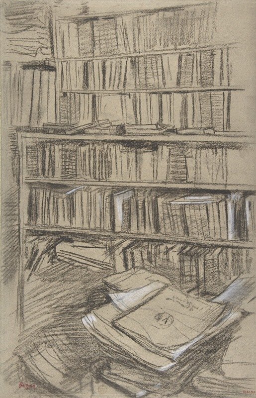书架，为学习爱德蒙·杜兰蒂`Bookshelves, Study for Edmond Duranty (1879) by Edgar Degas