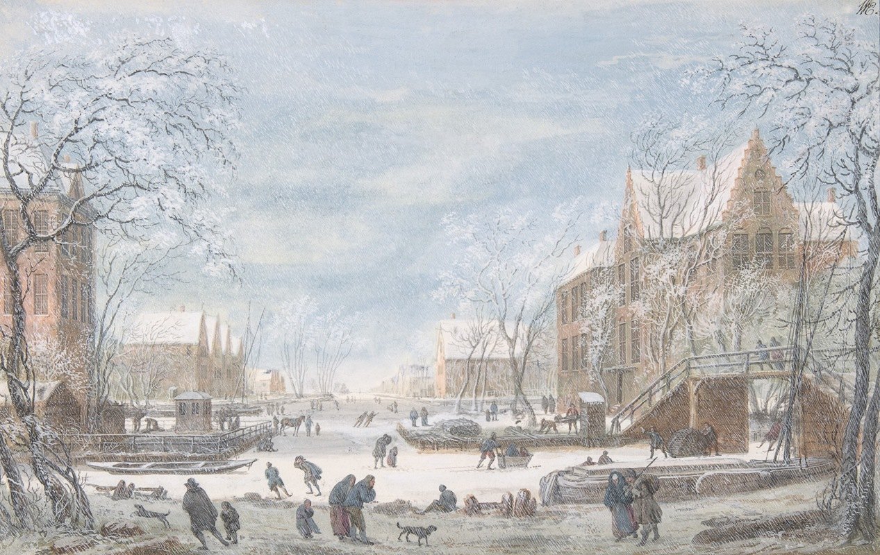 雪落在荷兰小镇上`Snow Falling on a Dutch Town by Abraham Rademaker