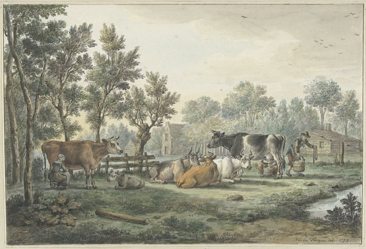 牛奶乳清`Wei met koeien die gemolken worden (1773) by Paulus Constantijn la Fargue