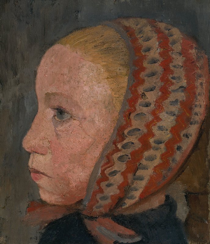 女孩s头部左侧有条纹帽`Girls head with a striped cap in profile to the left (circa 1905) by Paula Modersohn-Becker