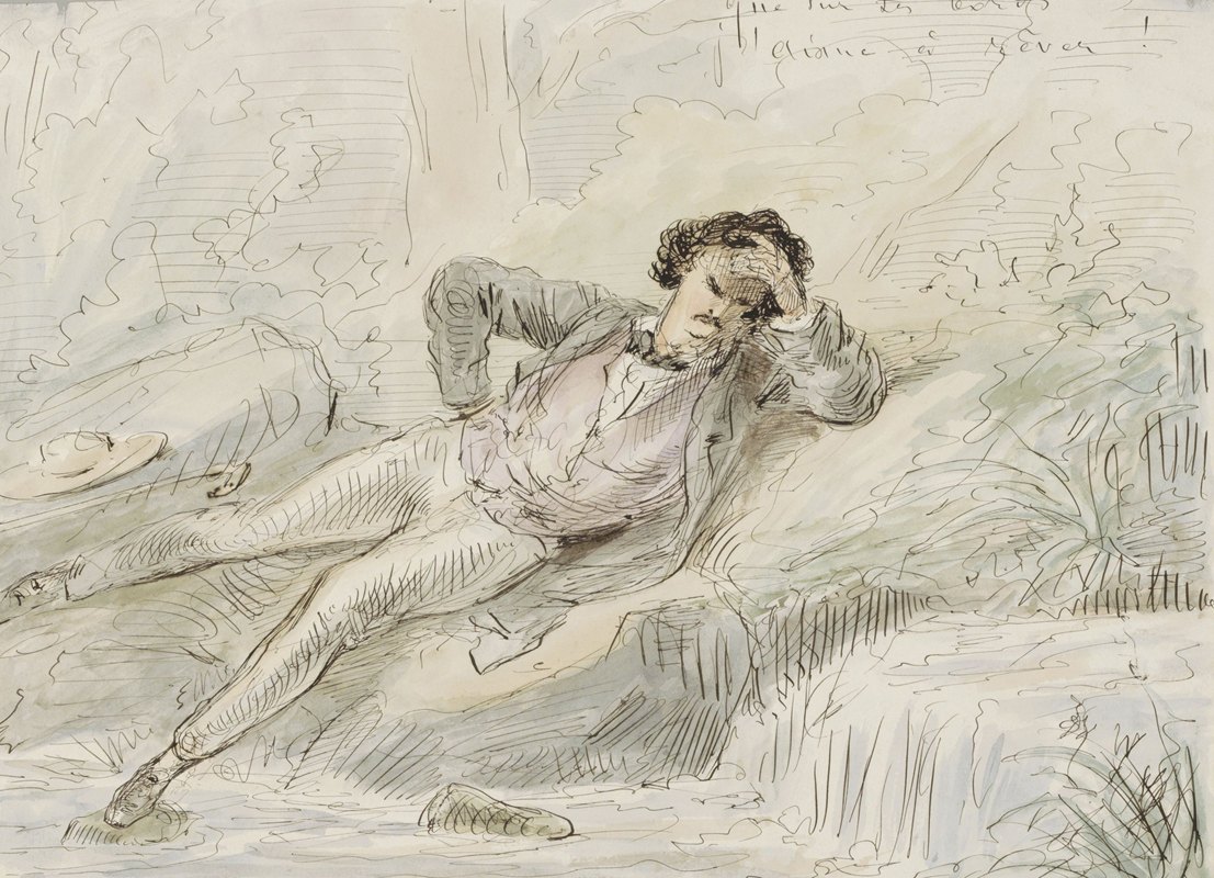 在海滨做白日梦的人`Dagdromende man aan een waterkant (c. 1854 ~ c. 1887) by Alexander Ver Huell