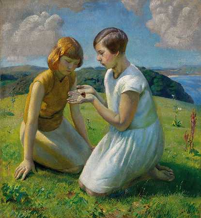 两个小女孩和一只蝴蝶`Two young girls with a butterfly (1829) by Harold Harvey
