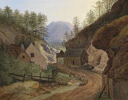 苏格兰附近的磨坊`Mühle bei Schottwien (1866) by Matthias Rudolf Toma