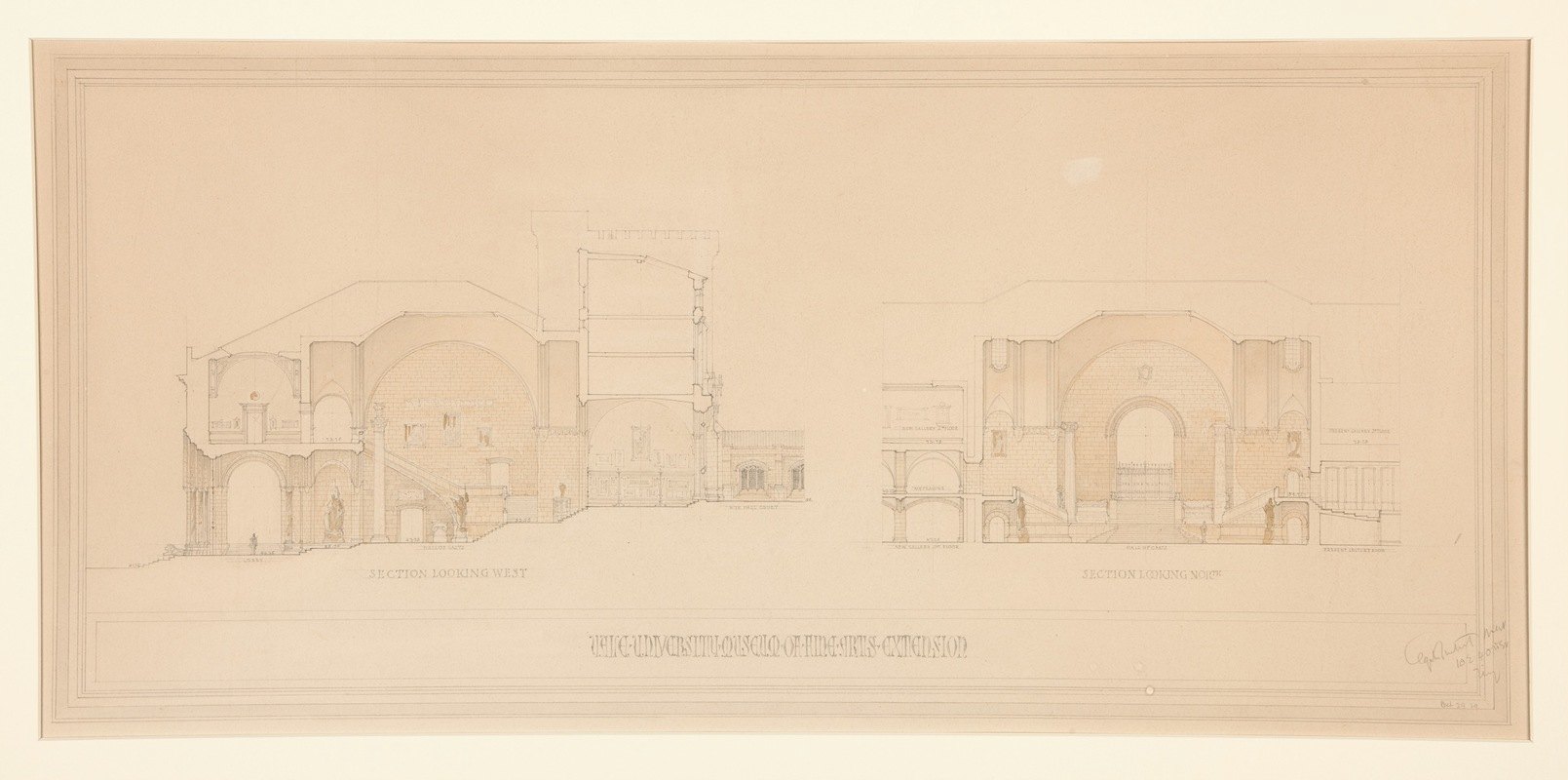 耶鲁大学美术馆扩建向西看的部分和向北看的部分`Yale University Museum of Fine Arts Extension; Section Looking West and Section Looking North (1929) by Egerton Swartwout