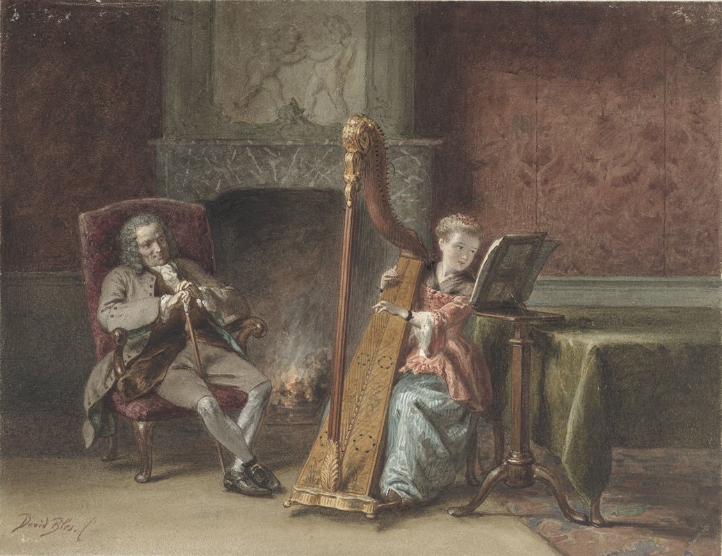 室内，女孩弹琴，一位绅士坐在椅子上观看`Interieur met meisje dat harp speelt en een heer in een stoel die toekijkt (1831 ~ 1899) by David Bles