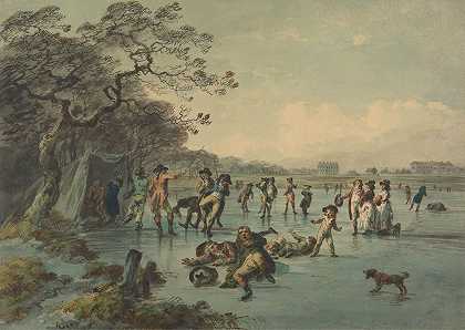 在海德公园滑冰`Skating in Hyde Park (ca. 1785) by Julius Caesar Ibbetson