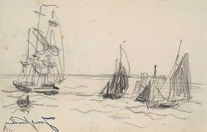 小帆船和三个船长`Small Sailboats and a Three~Master by Johan Barthold Jongkind
