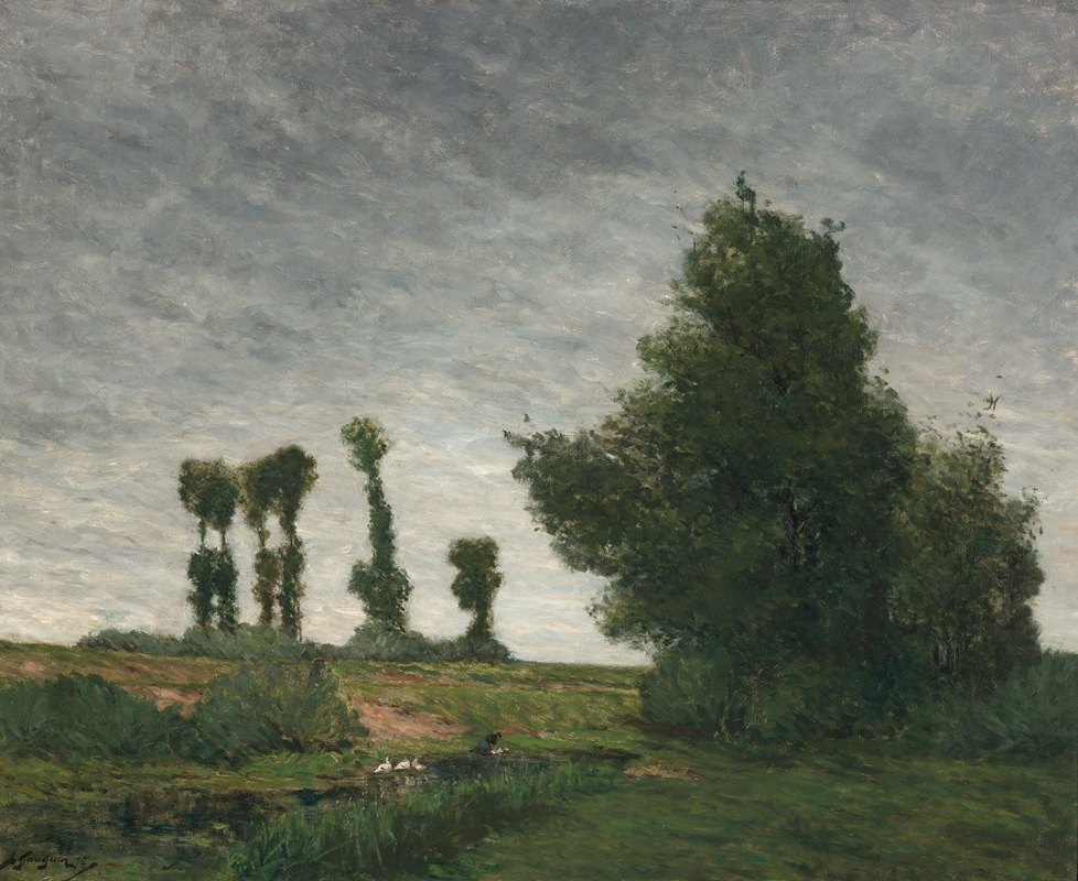 杨树景观`Landscape with Poplars (1875) by Paul Gauguin