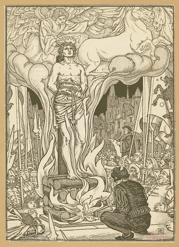 最后，他们在火刑柱上把他烧成灰烬。他就这样死了。`And last of all, they burned him to ashes at the stake. Thus came Faithful to his end. (1898) by George Woolliscroft Rhead