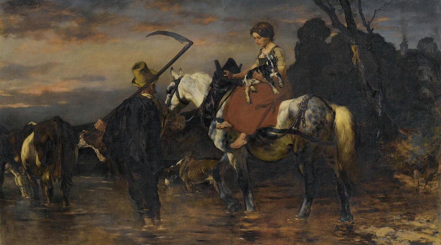 涉水涉水`Fording the river (1902) by Wilhelm von Diez