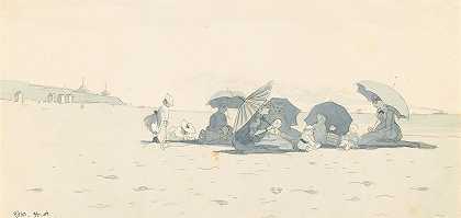 新泽西州朗布兰奇海滩上的妇女和儿童`Women and Children on Beach at Long Branch, New Jersey (1869) by Winslow Homer