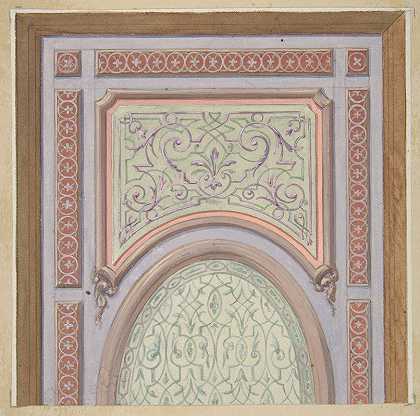 中央有椭圆形嵌板的天花板装饰的局部设计`Partial design for the decoration of a ceiling with an oval panel at center (1830–97) by Jules-Edmond-Charles Lachaise