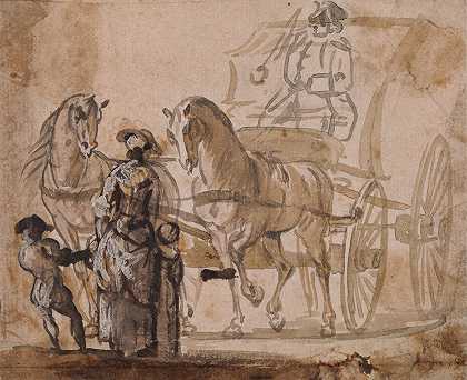 一辆马车和一对车夫`A Carriage and Pair, with Coachman (1774) by Paul Sandby