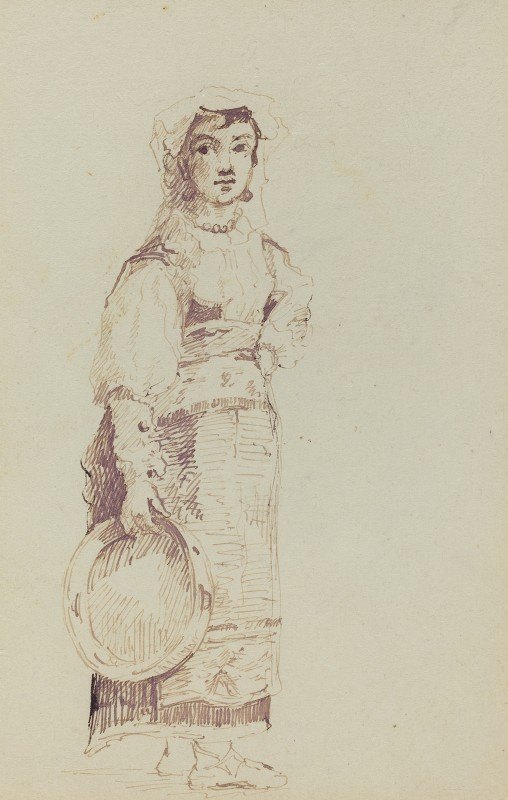 拿着手鼓的女人（维索）`Woman with a Tambourine (verso) (c. 1860) by Ernest Meissonier