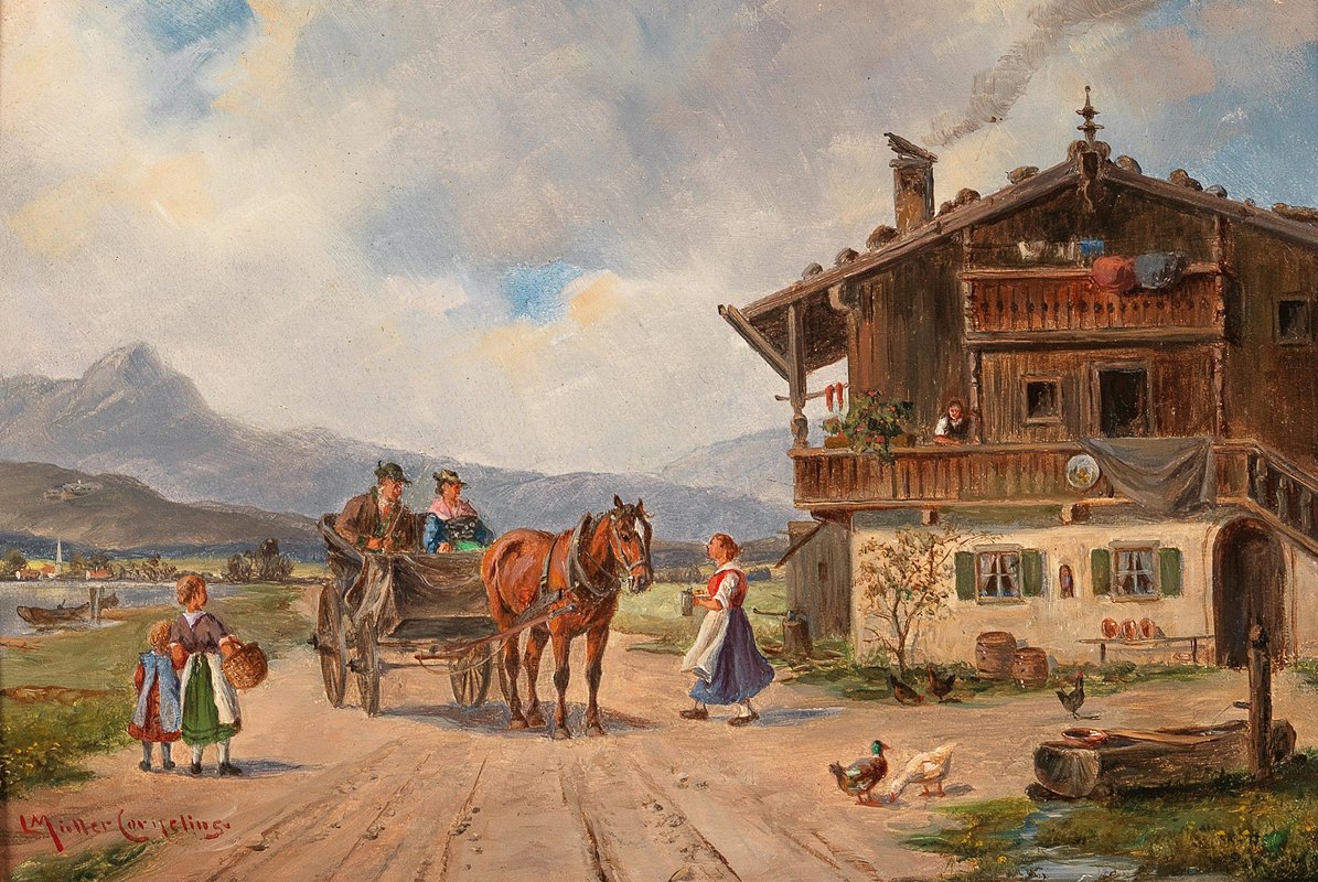 湖边农舍前的茶点`Labung vor dem Bauernhaus am See by Ludwig Müller-Cornelius
