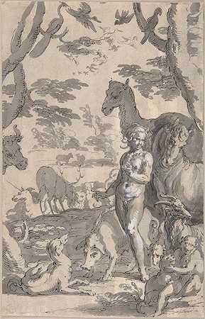 亚当在伊甸园给动物命名`Adam in the Garden of Eden, Naming the Animals (ca. 1605–10) by Joachim Wtewael