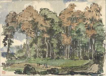 在森林的边缘，乡亲们在工作`Weg aan een bosrand, met landlieden aan het werk (1880 ~ 1942) by Jules Chadel