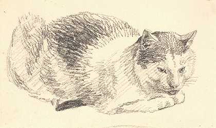 撒谎的猫`Liggende kat (1845 – 1846) by Christen Købke