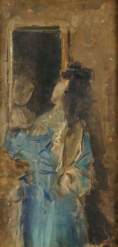 穿蓝色衣服的女孩照镜子`Girl in blue looking in a mirror by Alfred Stevens