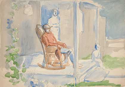 坐在前廊摇椅上的男人和他的妻子和孩子`Man in rocking chair on front porch with his wife and child by Edwin Austin Abbey