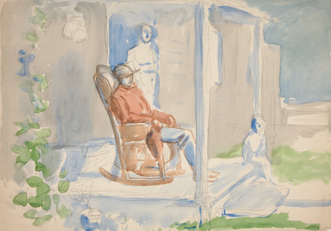 坐在前廊摇椅上的男人和他的妻子和孩子`Man in rocking chair on front porch with his wife and child by Edwin Austin Abbey