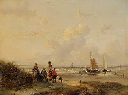 天气晴朗时在海滩上休息的渔民`Rustende vissers op een strand bij helder weer (1802 – 1860) by Andreas Schelfhout