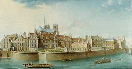 圣母院修道院，从圣路易斯岛（奥尔良码头）`Le Cloître Notre~Dame, vu de lîle Saint Louis (quai dOrléans) (1753) by Nicolas Jean-Baptiste Raguenet