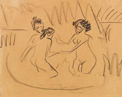 莫里茨堡湖上的三个沐浴裸体`Drei badende Akte an den Moritzburger Seen (1909) by Ernst Ludwig Kirchner
