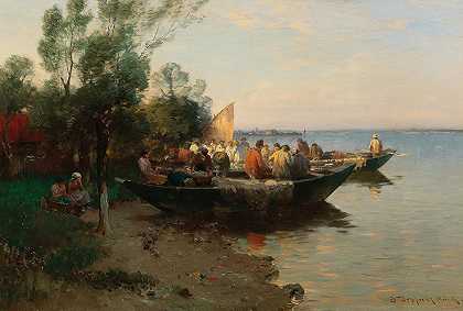 黄昏时分康斯坦斯湖岸边的渔船`Fishing Boats On The Shore Of Lake Constance At Dusk by Joseph Wopfner