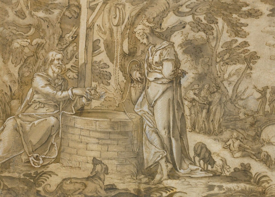 基督和撒玛利亚的女人`Christ And The Woman Of Samaria by Joachim Wtewael