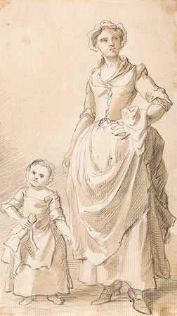 抱着娃娃的女人和孩子`Woman and Child Holding a Doll (between 1758 and 1760) by Paul Sandby