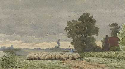 羊群景观`Landschap met kudde schapen (1857 ~ 1884) by Cornelis Willem Hoevenaar II