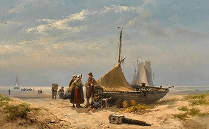 在海滩上`On the Beach (1889) by Johannes Herman Barend Koekkoek