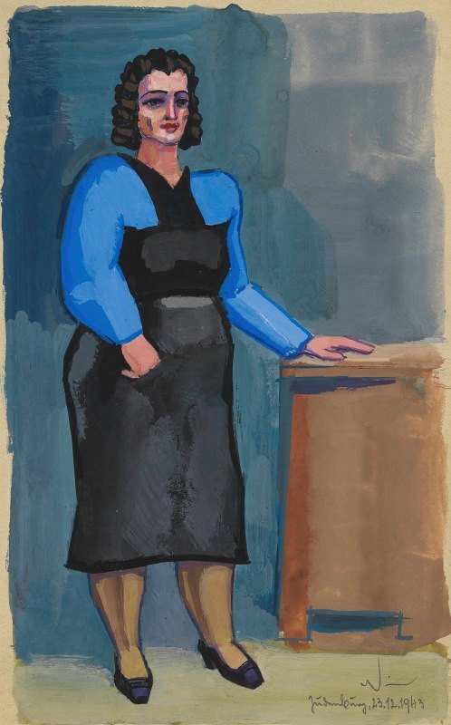 无标题（穿蓝色上衣和黑色连衣裙的女人）`Ohne Titel (Frau in blauer Bluse und schwarzem Kleid) (1943) by Karl Wiener