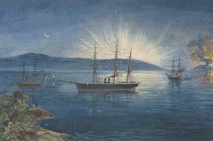 1858年8月5日，纽芬兰三一湾的布尔阿姆斯湾，山上燃起篝火，通知电缆舰队的到来`The Bay of Bull Arms, Trinity Bay, Newfoundland, Bonfires Lighted on the Hills to Notify of the Arrival of the Cable Fleet on August 5th, 1858 (1865–66) by Robert Charles Dudley