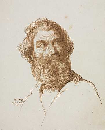 一个留着胡子的男人的头凝视着他的左边`Head of a Bearded Man Gazing to His Left (1859) by William Mulready