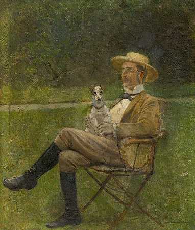 研究一个坐着的男人和一只狗`Study of a Seated Man with a Dog (1880–1900) by Ladislav Mednyánszky