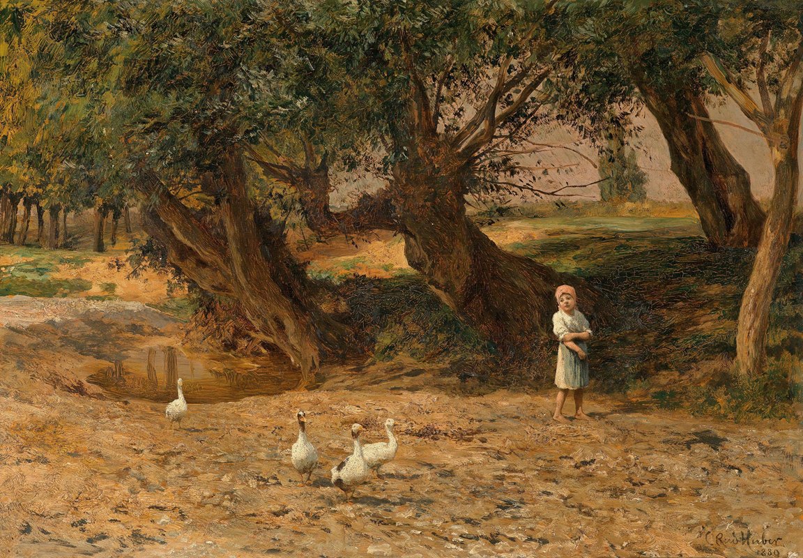 柳树下的小鹅驴`Das kleine Gänseliesel unter Weiden (1889) by Carl Rudolf Huber