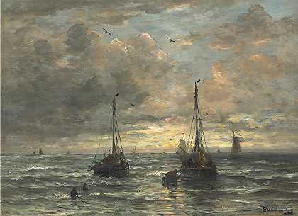 渔船队的回归`Return Of The Fishing Fleet by Hendrik Willem Mesdag