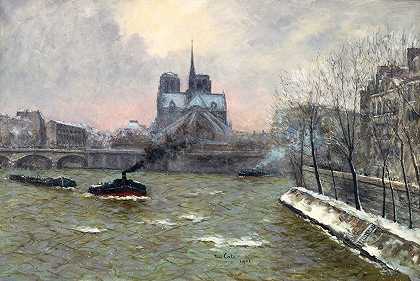 圣母院的床边，从图尔内尔桥上看，雪景`Le chevet de Notre~Dame, vu du pont de la Tournelle, effet de neige (1902) by Siebe Johannes Ten Cate