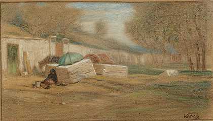 路边人影和雨伞`Roadside Figure and Umbrella (c. 1890) by Elihu Vedder