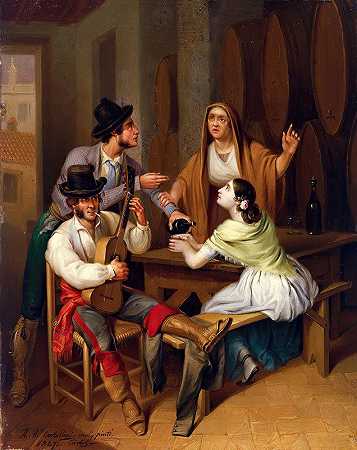 别再喝葡萄酒了。酒馆场景`No more Wine. Tavern Scene (1847) by Angel María Cortellini Hernández